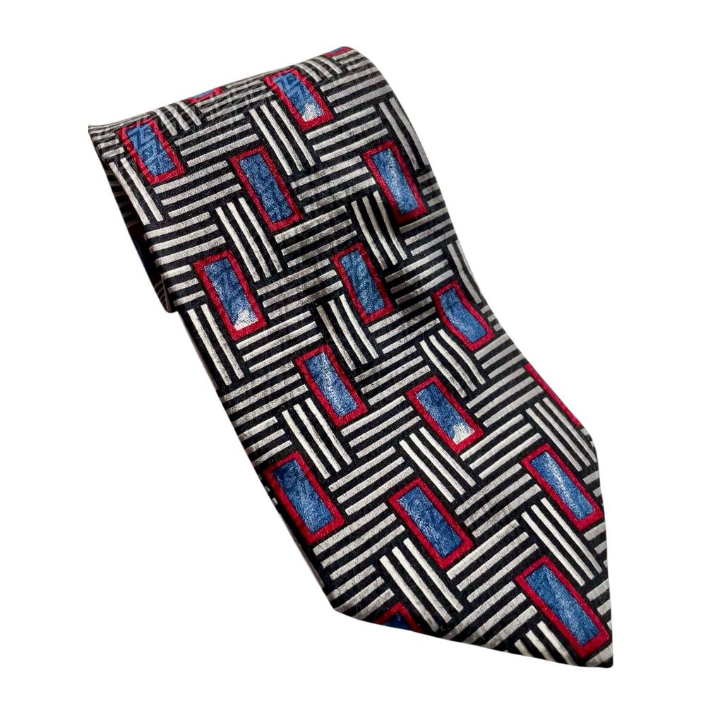 X'Andrini Silver Black Red Blue Rectangler Pattern 100% Silk Men's Tie